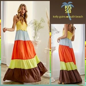 Lux Smocked Bodice Ruffle Trim Tiers Part Lined Skirt Shoulder Ties